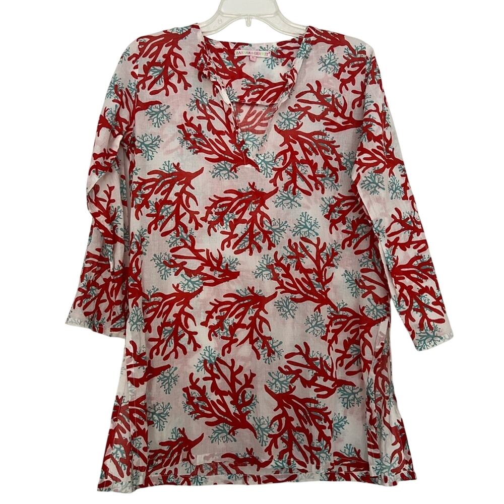Barbara Gerwit White Red Blue Coral Pattern 3/4 Sleeve Tunic Sz Small